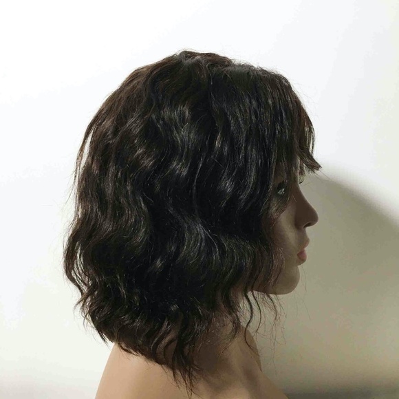 8 inch Lace Front Real Human Hair Wig Wavy with Fringe Bangs - Black - Picture 7 of 10